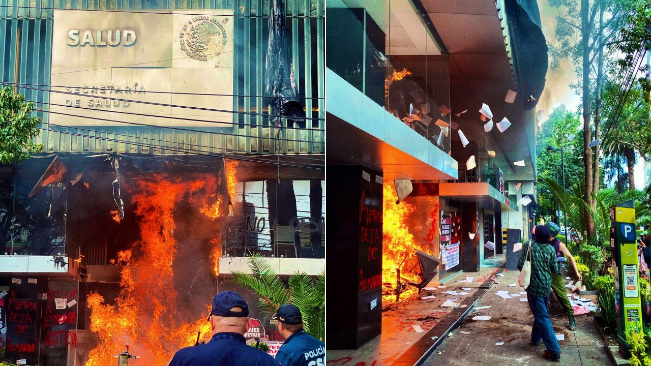 Manifestantes prenden fuego a entrada de Secretaría de Salud en Polanco